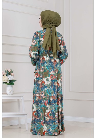 Beli Tünelli Çiçekli Viscon Elbise-haki-5318 Haki