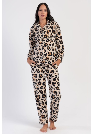 Kadın Uzun Kol Polar Önden Düğmeli Leopar Bej Pijama Takım C7t6n0o304 001