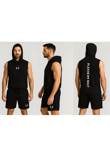Erkek Lette Kapüşonlu Armalı Esnek Kolsuz Siyah Şortlu Takım Siyah