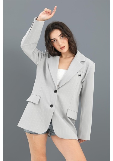 Blazer Ceket Çizgili Atlas Kumaş - Gri-gri Gri