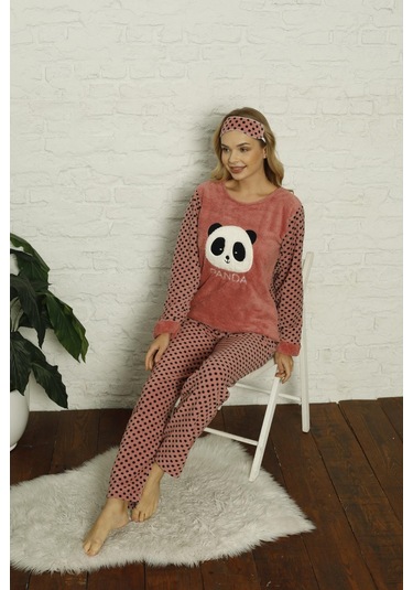 Kadın Puantiyeli Alt Polar Üst Kışlık Pijama Takımı 02129 Mint Yeşil