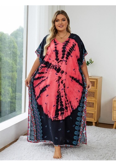 Edolynsa Karpuz Kırmızısı Baskılı Bohem Kaftan Kadın Bornoz Plaj Elbisesi Rahat Çok Yönlü Taze Elbise Mayo Örtüsü Q1464 Çok Renkli