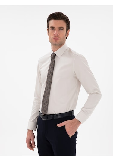 Cacharel Bej Slim Fit Pamuklu Klasik Gömlek