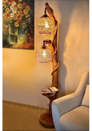 ArtAğaçTasarım Ağaç Lambader Doğal Kütük Köşe Aydınlatma Ahşap Lotus Serisi