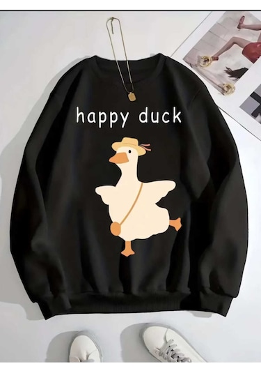 Happy Duck Yazılı Baskılı Bisiklet Yaka Oversize Sweatshirt Siyah