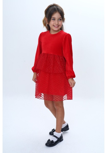 Toontoy Kız Çocuk Kadife Kat Kat Fırfır Detaylı Elbise Kırmızı