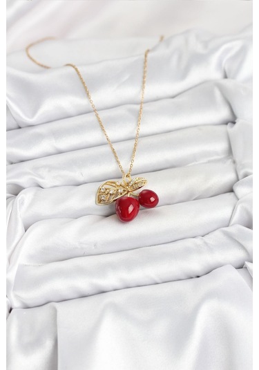 316l Çelik Zincir Yapraklı Kiraz Model Gold Renk Kadın Kolye - Prt3500eb09336-95258 altın