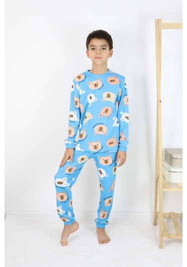 Erkek Çocuk Baskılı İnterlok Kumaş Uzun Kollu Pijama Takımı Açık Mavi