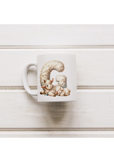 C Harfi Tasarım Bardak, Sevimli Hayvan Temalı Harf Bardağı Beyaz