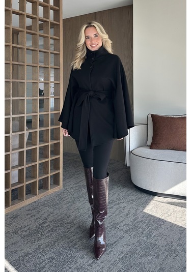 Siyah Düğmeli Kuşaklı Kaşe Panço - 2055 Siyah