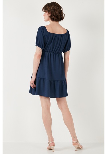 Lela Önü Büzgülü Balon Kollu Mini Bayan Elbise 5869005 Indigo
