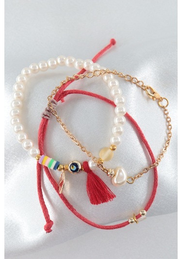 3lü Nazar Boncuklu İncili Püsküllü Asansörlü Lastikli Kırmızı İp Bileklik. Kadın İp Bileklik Halhal Çok Renkli