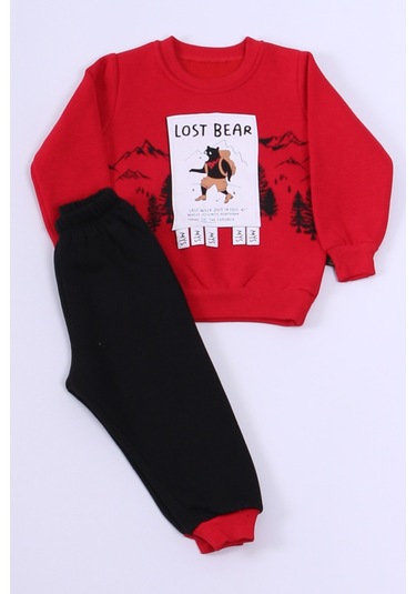 Erkek Bebek 3 İplik Eşofman Takımı Ayıcık Baskılı A40 Kırmızı