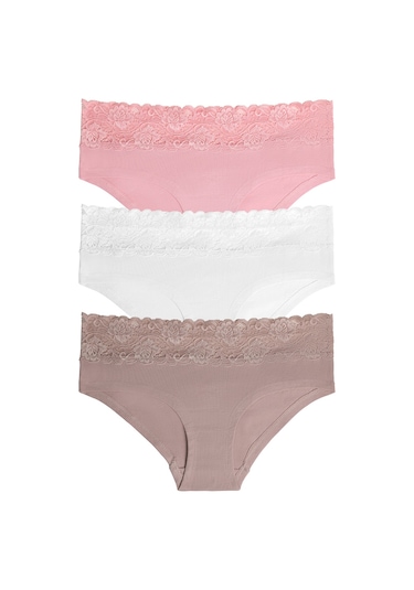 Suwen 3lü Pamuklu Dantelli Hipster Külot St004460340 Ekru - Vizon - Pembe