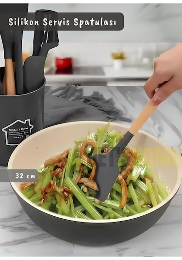 Silikon Servis Spatula Mutfak Kaşığı Pasta Spatulası Ahşap Saplı 32 Cm Gri