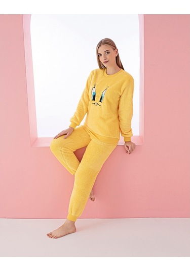 Civciv Desenli Anne Kız Çocuk Kombin Peluş Pijama Takımı Anne Kız Ayrı Satılır. Sarı
