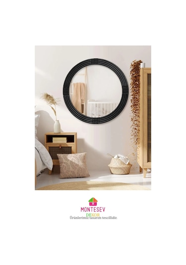 Safir Siyah Dekoratif Ayna Yuvarlak Işlemeli Duvar Aynası 43 Cm Siyah