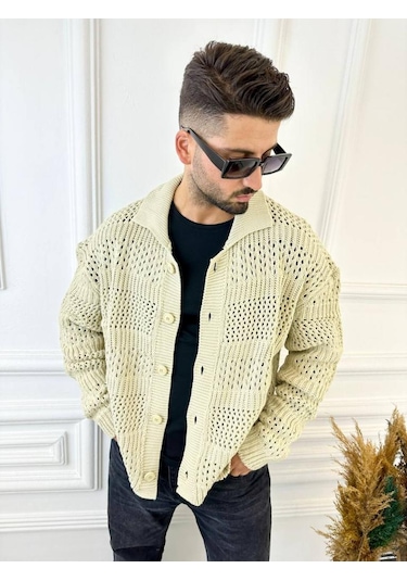Elku Moda Hırka Oversize Özel Örgülü Triko Desenli Salaş Örgü Hırka Krem