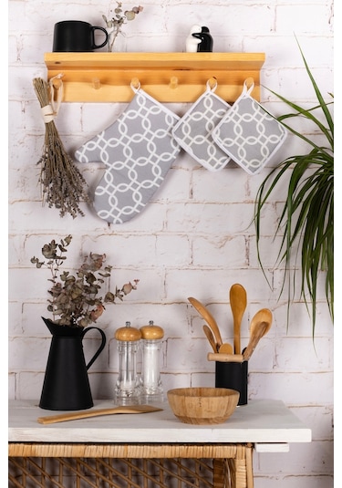 3'lü Fırın Eldiveni Ve Tencere Tutacak Mutfak Seti & 220 Derece Isıya Dayanıklıgri Zincir