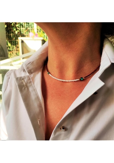 GOLD KAPLAMA TURKUAZ VE HEMATİT TAŞI KAHVERENGİ BONCUK KOLYE-KOL127 Çok Renkli