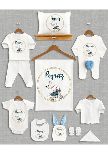 Bebeqon Ponponlu Tavşan İsme Özel 11 Parça Hastane Çıkışı Seti Ekru
