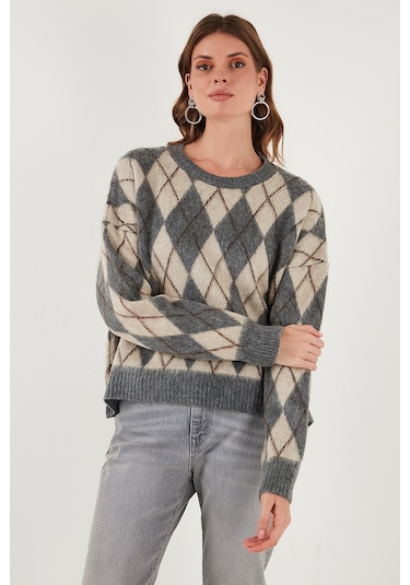 Lela Oversize Fit Bisiklet Yaka Baklava Desenli Yumuşak Dokulu Bayan Kazak 4616223 Gri