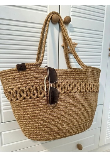 Doğal Hasır Jüt El Örmesi Bayan Çanta-bej Kırçıllı Trikotlu Bej