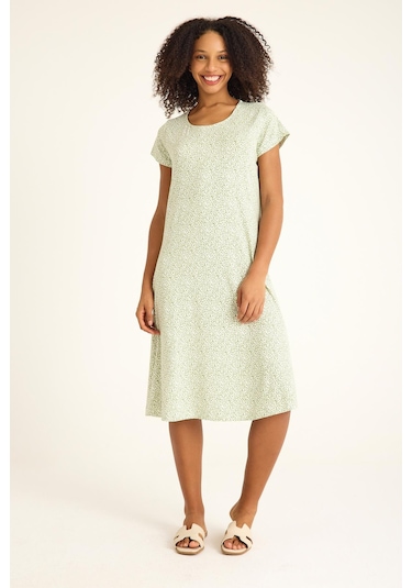 Dökümlü Rahat Kalıp Günlük Penye Kumaş Elbise Yeşil