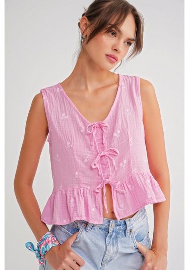 4724 Kadın Çicek Desenli Bağlamalı Müslin Bluz Pembe Pembe