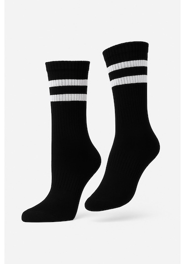 Erkek Spor Çorap 2 Li Set Nefes Alan Pamuklu Çizgili Soket Çorap Günlük Ve Spor Kullanım İçin Esnek Rahat Tasarım Siyah Beyaz