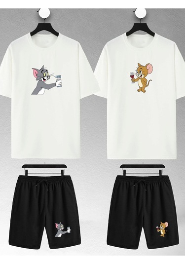 Unisex Tom Ve Jerry Rakı Baskılı Sevgili Çift Kombini Tasarım Oversize Tshirt Ve Şort Beyaz Mck0578 Beyaz