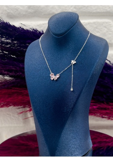 925 Ayar Gümüş Pembe Mineli Özel Tasarım Zarif Kadın Kolye Gümüş