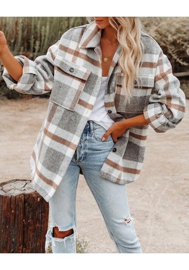 Sones Yaka Uzun Kollu Flanel Kareli Gömlek Bol Günlük Hırka Ceket Bayanlar İçin Açık Gri