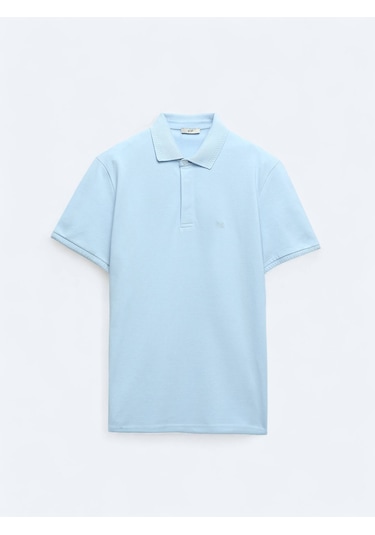 Mavi Düz Polo Yaka %100 Pamuk T-shirt Mavi