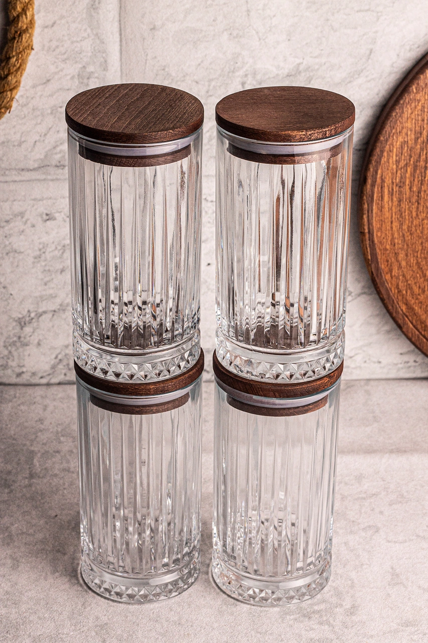 Mira 4'lü Ahşap Vakumlu Kapaklı Cam Saklama Kabı 450 Ml 4 Adet Ahşap