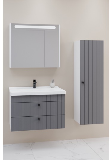 Petit 80 Cm Banyo Dolabı Npl Aynalı Antrasit - Boy Dolap Dahil Antrasit