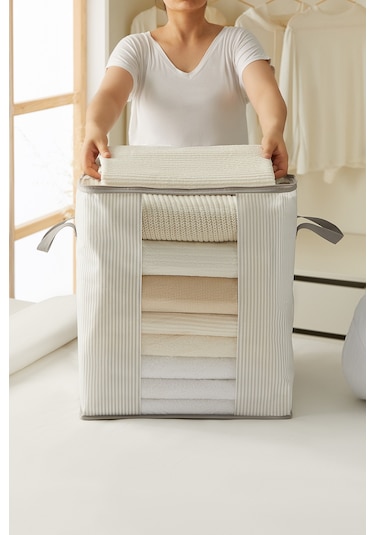 Ocean Home Textile 2'li Pvc Pencereli Stuff & Things Gri Çizgili Hurç Set