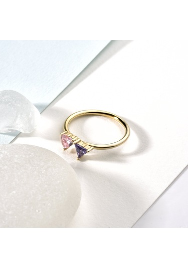 14 Ayar Altın Kaplama Kalp Ve Üçgen Renkli Taşlı Yüzük - Rs00113 Altın