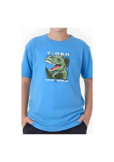 T-rex Baskılı Erkek Çocuk Kısa Kollu Tişört Mavi