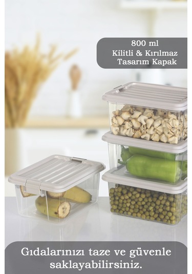 4'lü Set - 800ml Kilit Kapaklı Erzak Saklama Kabı - Difriz Buzdolabı Düzenleyici Saklama Kutusu Bej Bej