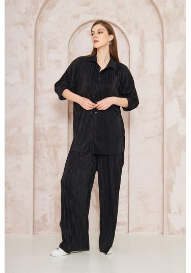 Kadın Pliseli Beli Lastikli Pantolon Tunik Gömlek Ikili Bürümcük Salaş Takım 3573300 Siyah