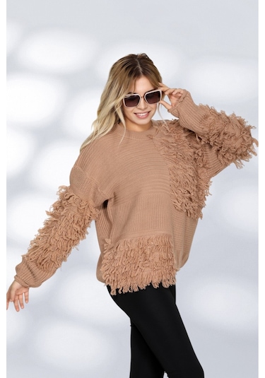 Newco Kadın Patchwork Tasarımlı Dokulu Triko Kazak - Oversize Ve Rahat Formlu - Bej Bej