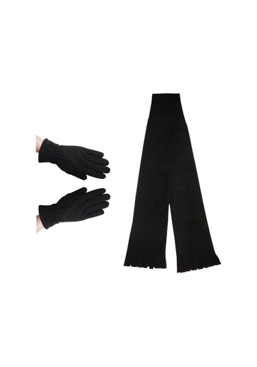 Kadın Siyah Kışlık Termal Polar Eldiven - Polar Atkı 2'li Set Siyah
