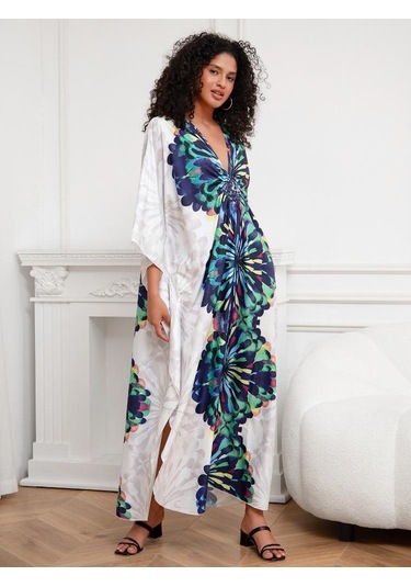 Edolynsa Beyaz Bohem Sabahlık Kaftan Ev Elbisesi Büyük Beden Ev Giyimi Nefes Alabilen Yazlık Hafif Ceket Mayo Üstü Q1289 Çok Renkli