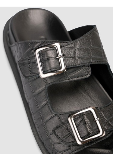 %100 Hakiki Deri Croco Desen Siyah Erkek Terlik Siyah
