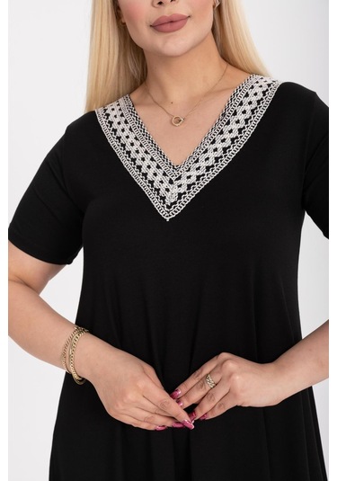 Kadın Büyük Beden Siyah Viskon Etnik Yaka Şık Elbise Siyah