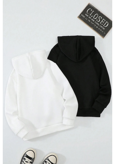 2'li Paket Baskılı Erkek - Kız Çocuk Rahat Kalıp Sweatshirt Siyah