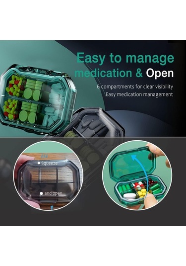 Likeable Günlük Hap Saklama Kutusu, Taşınabilir Hap Kutusu, 2'li Paket 6 Bölmeli Seyahat Için Ilaç Kutusu Yeşil Ve Gri