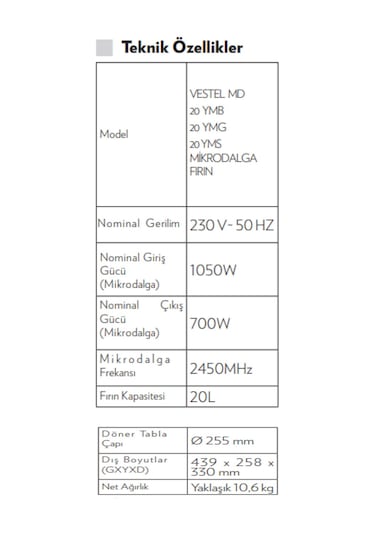 Vestel MD-20 YMB 20 LT Mikrodalga Fırın