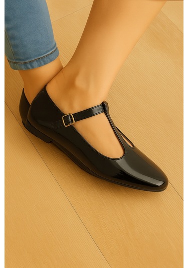 Siyah Süet T-strap Mary Jane Tasarım Babet Siyah Rugan